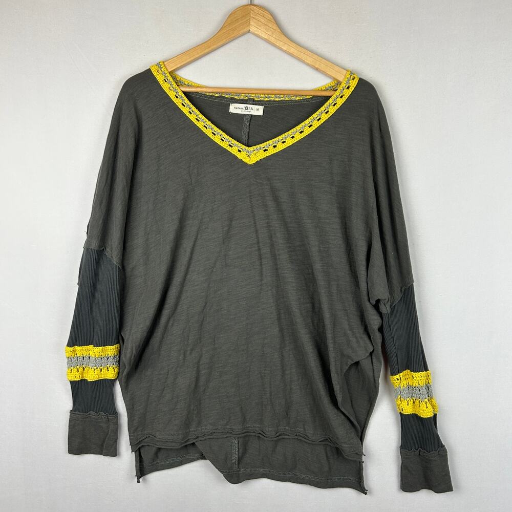 Natural Life Long Sleeve Cotton Shirt Gray Yellow Knit Collar Women's Size M